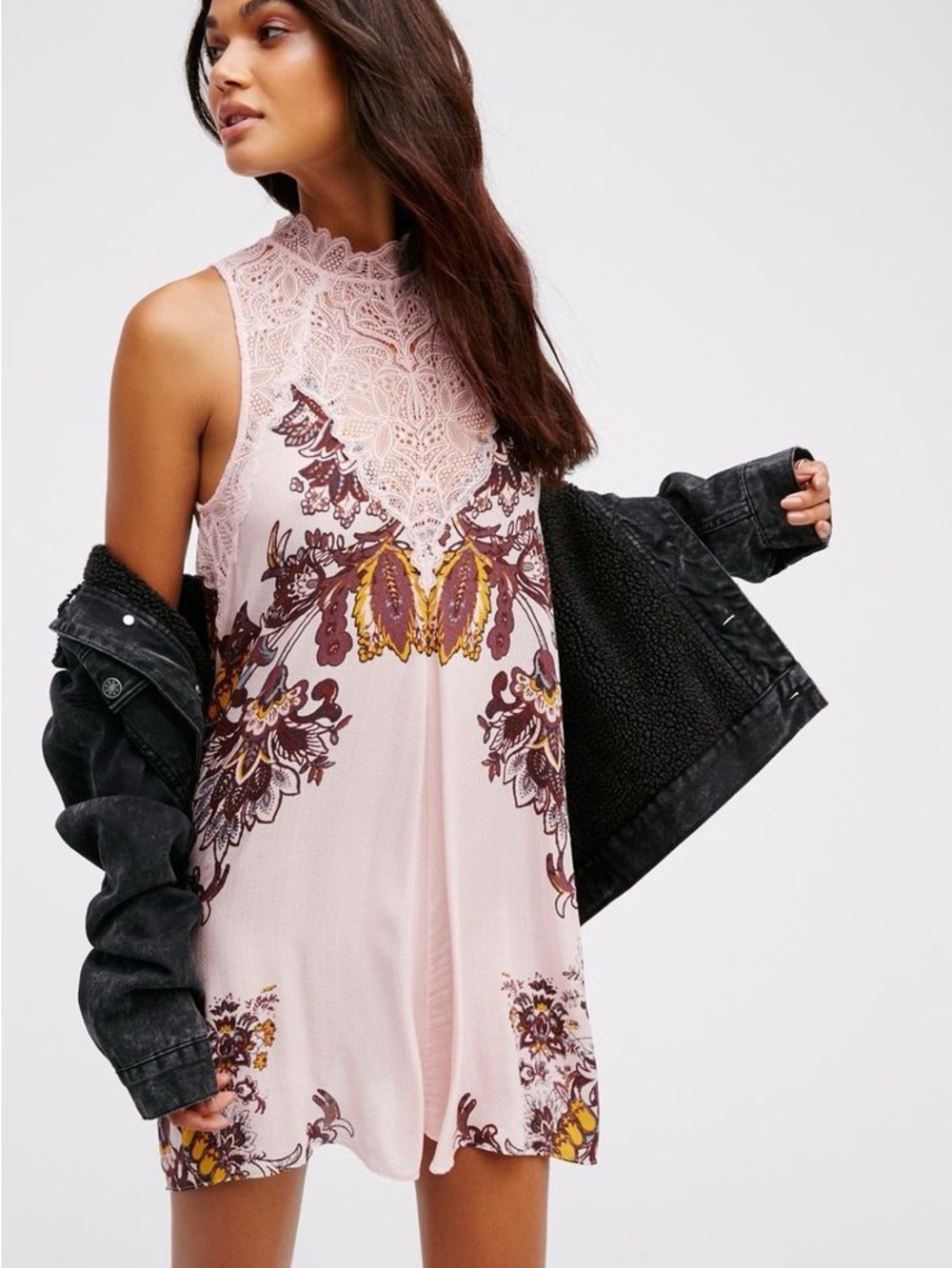 NEW Free People Marsha Lace-Neck Printed Mini Dress Tunic Top